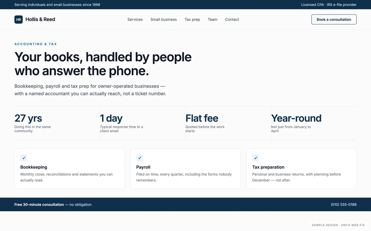 Sample website design for an accounting firm: light professional layout led by a row of trust statistics