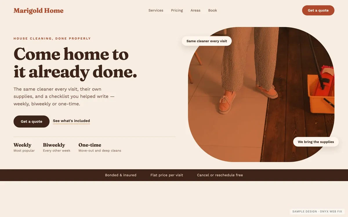 Sample website design for a home cleaning company: warm terracotta layout with rounded photograph and service chips