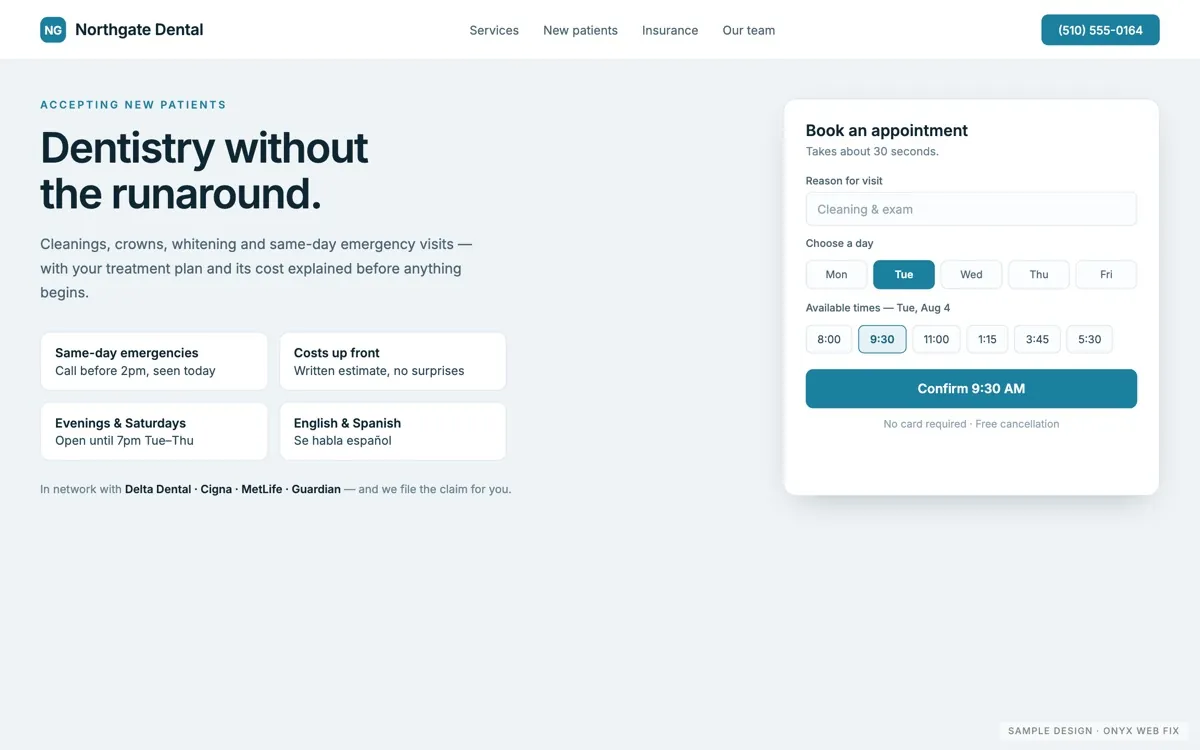Sample website design for a dental practice: light layout with a booking panel above the fold