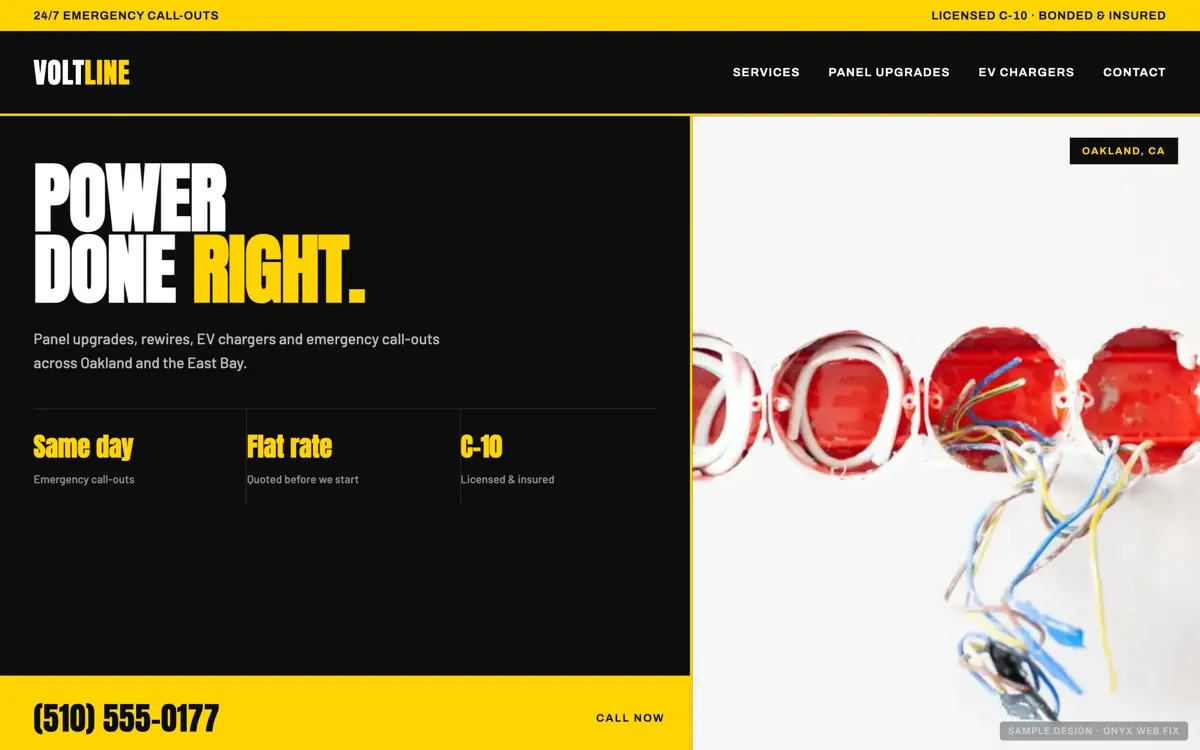 Sample website design for an electrician: black and yellow layout with a large phone number bar