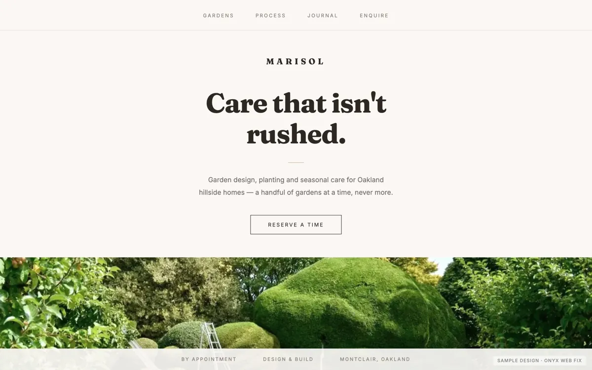 Sample website design for a garden studio: minimal centred layout with generous white space