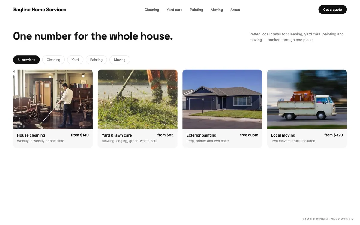 Sample website design for a multi-service home company: card grid with prices and filters
