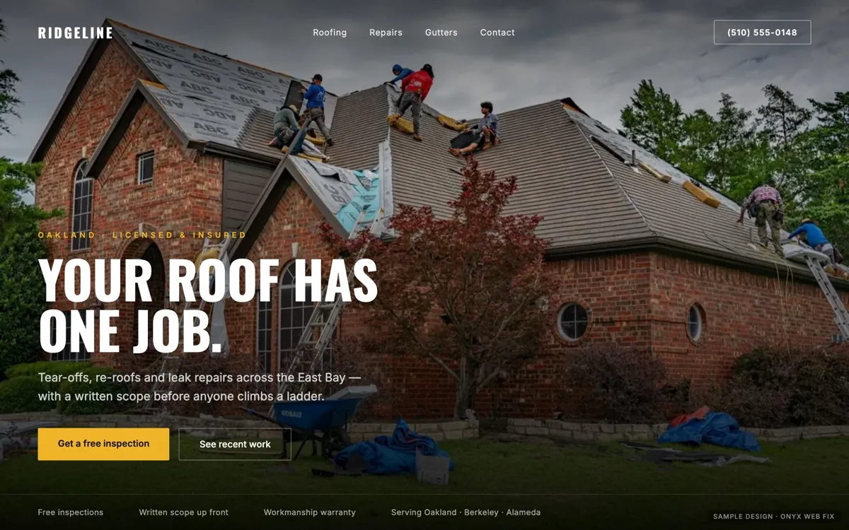 Sample website design for a roofing company: full-bleed photograph with a bold condensed headline