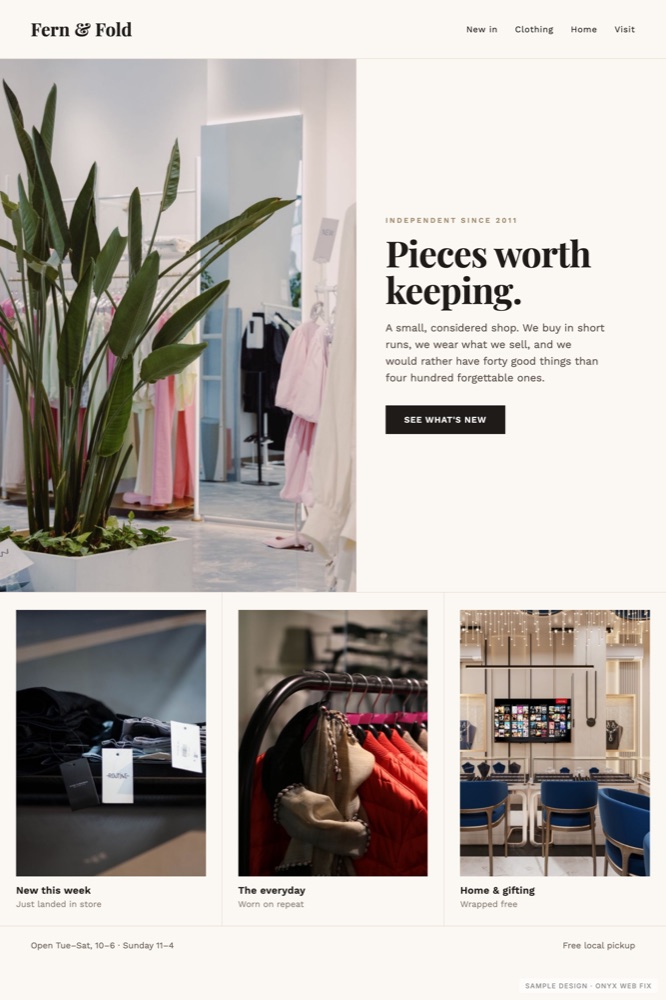Sample boutiques website design by Onyx Web Fix, showing Fern and Fold