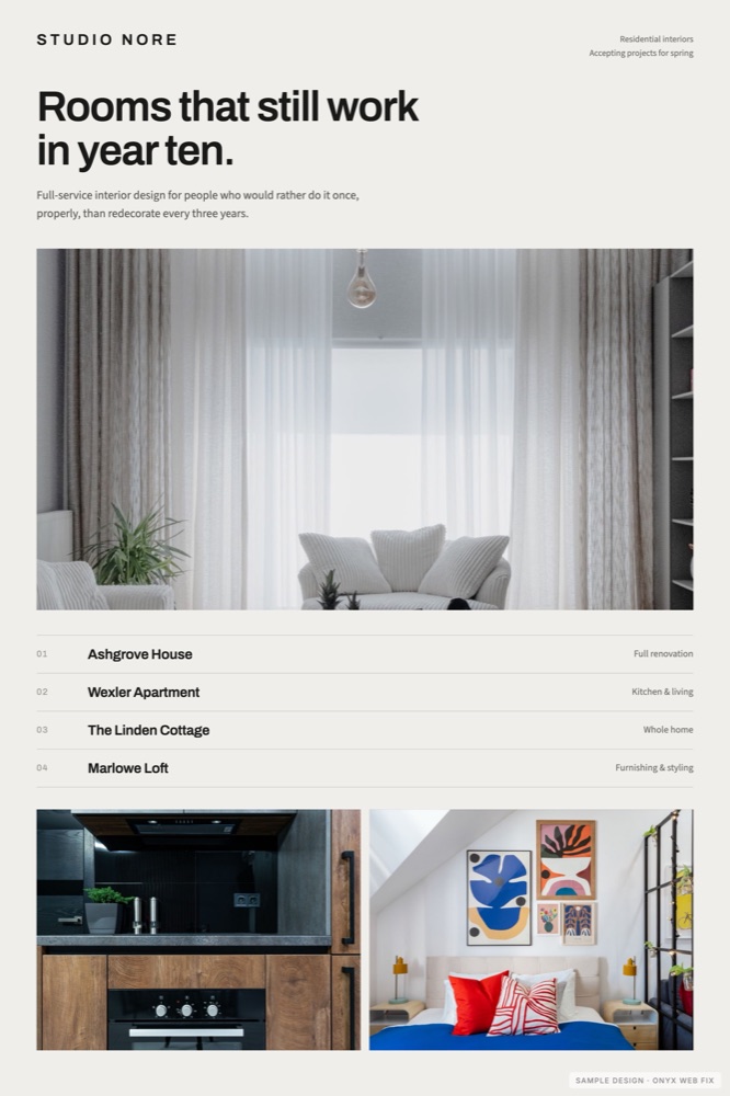 Sample interior designers website design by Onyx Web Fix, showing Studio Nore