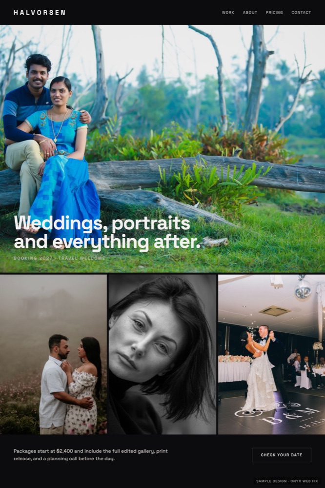 Sample photographers website design by Onyx Web Fix, showing Halvorsen