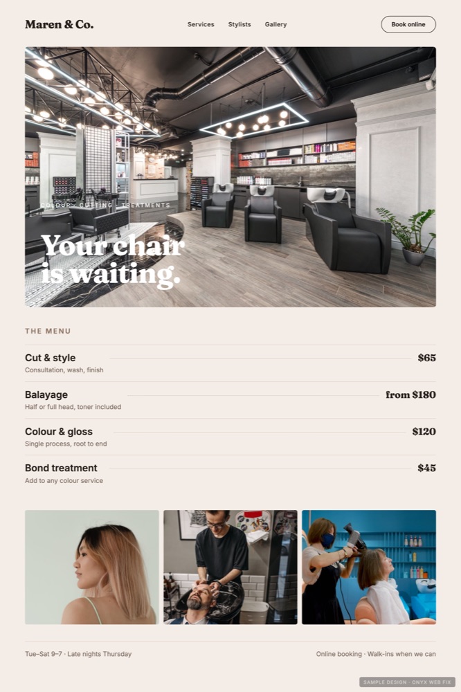 Sample salons website design by Onyx Web Fix, showing Maren and Co.