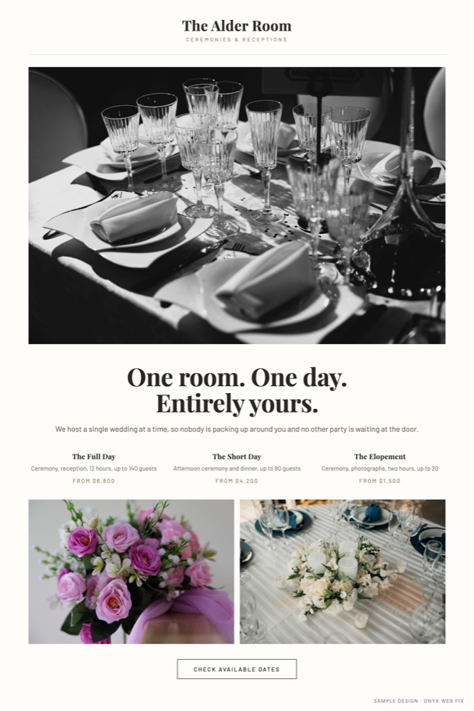 Sample wedding vendors website design by Onyx Web Fix, showing The Alder Room